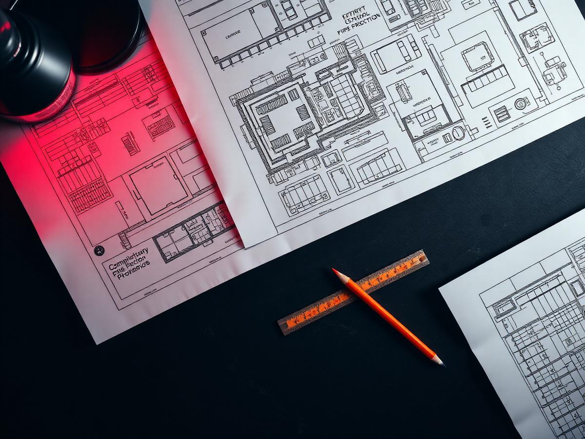 Architectural and M&E fire protection drawings on a desk