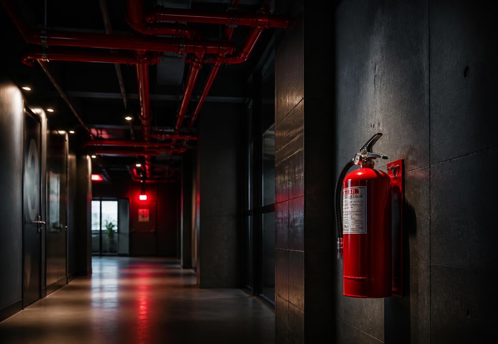 Fire suppression pipework and extinguisher in a modern building corridor