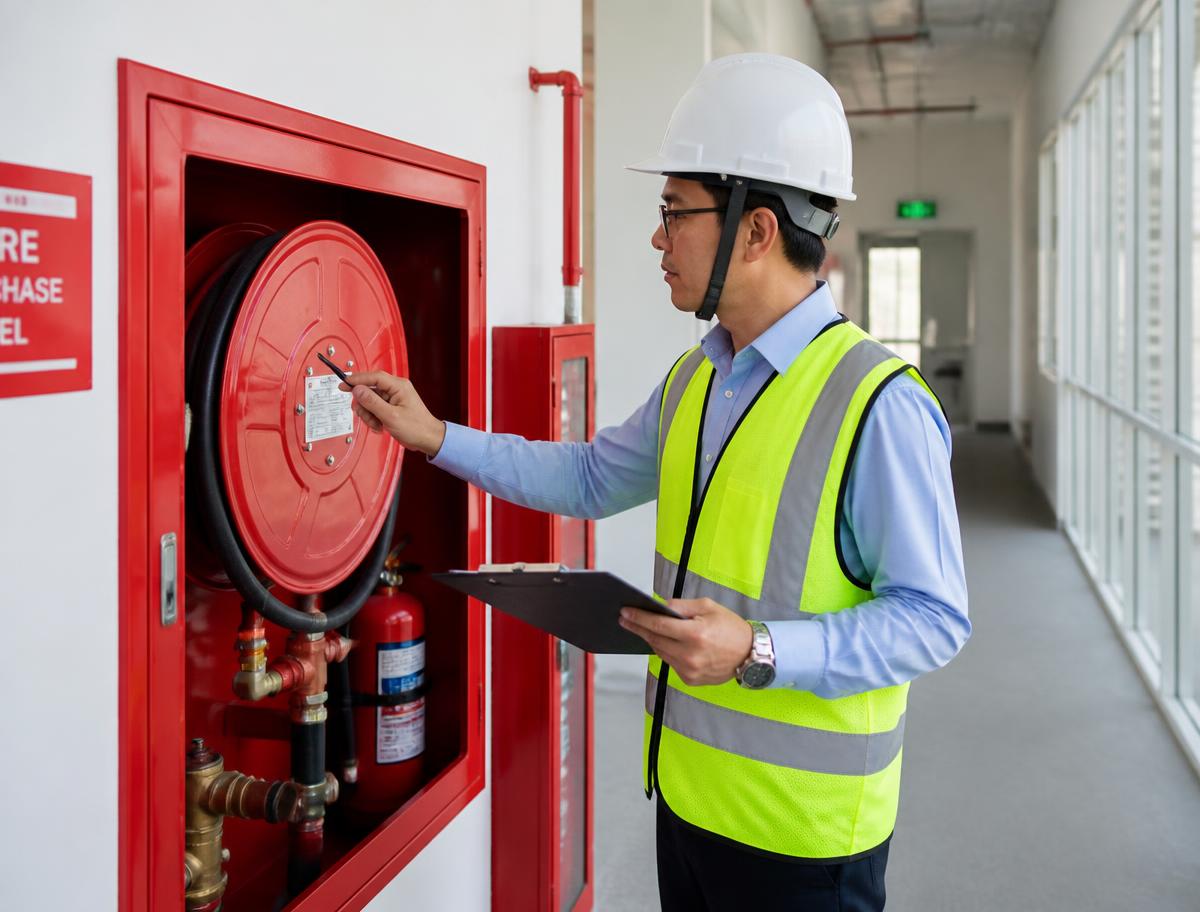 Engineer inspecting a fire hose reel cabinet during a site inspection