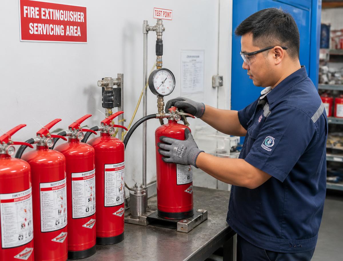 Technician pressure-testing fire extinguishers during servicing